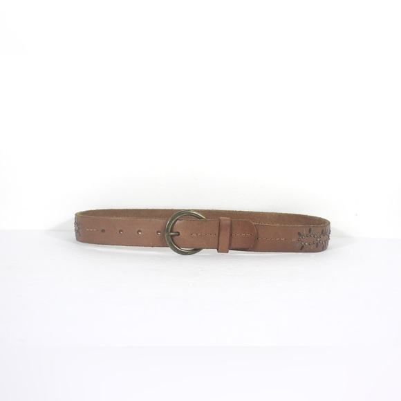 Vintage Wide Tan Leather Belt Metal Studs Embellishments Brass Buckle Topstitch - Picture 3 of 8